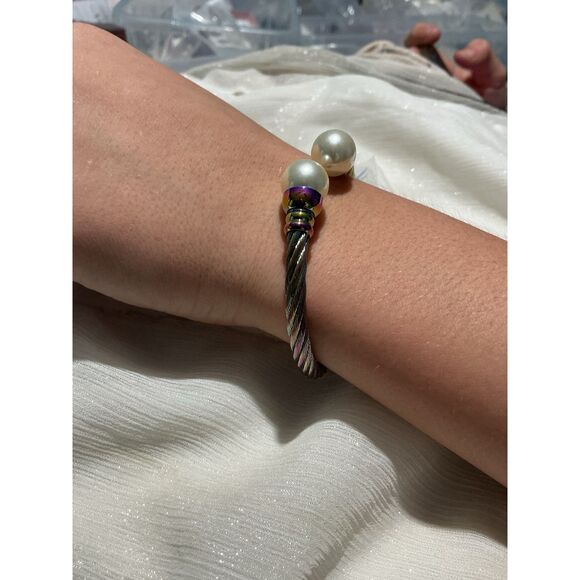 🌈 Iridescent Pearl Cuff Bracelet – Stainless Steel Rainbow Cable Design” - Picture 14 of 16